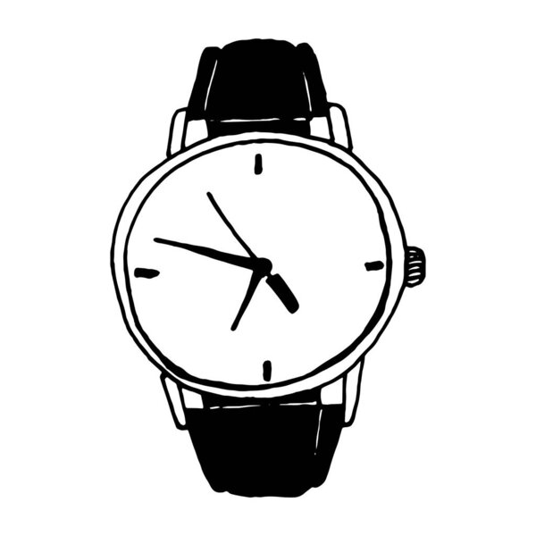 Wrist watch black and white hand drawn vector doodle isolated on white background EPS10