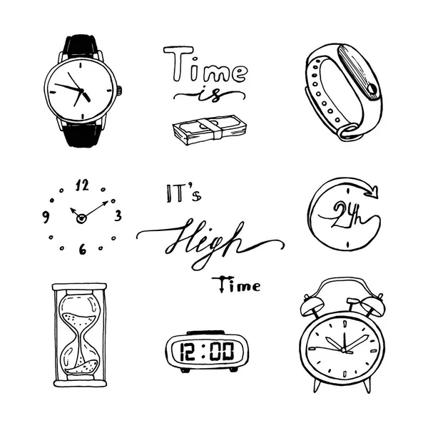 Horloges en tijd vector doodle set EPS — Stockvector