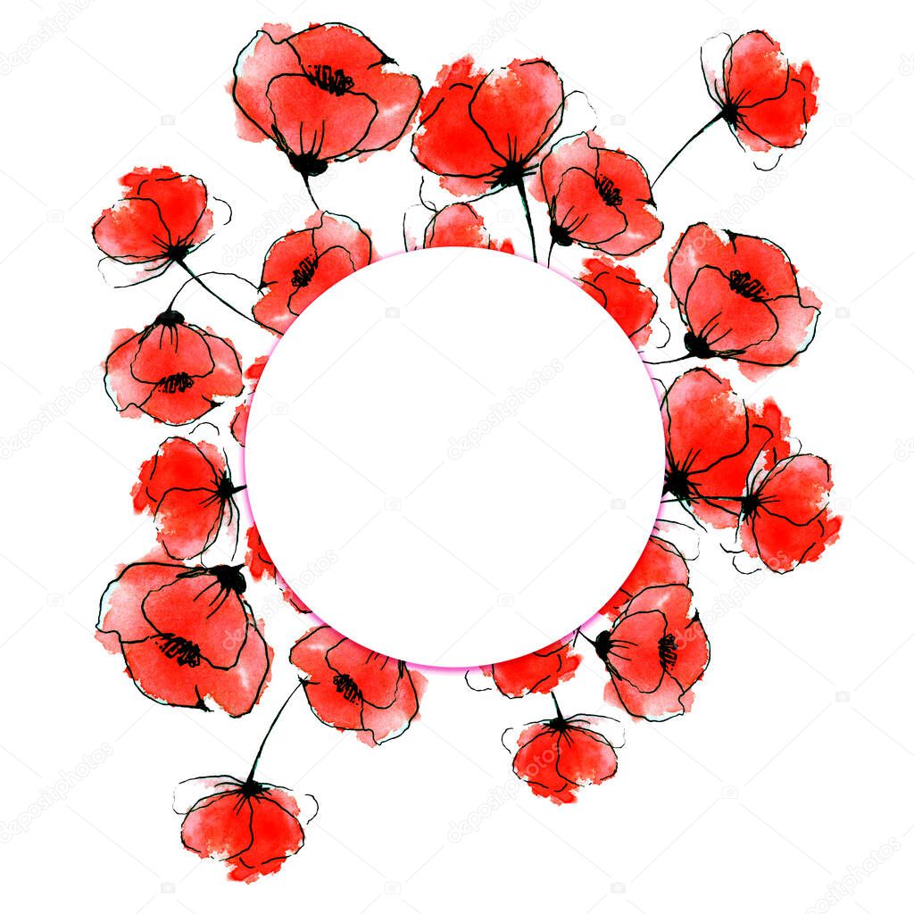 Reed poppies hand drawn sketchy watercolor round frame design isolated on white background