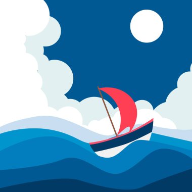 Gece vektör minimalist dizaynında denizde tekne
