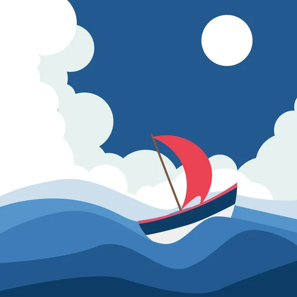 Boot op zee 's nachts vector minimalistisch ontwerp — Stockvector