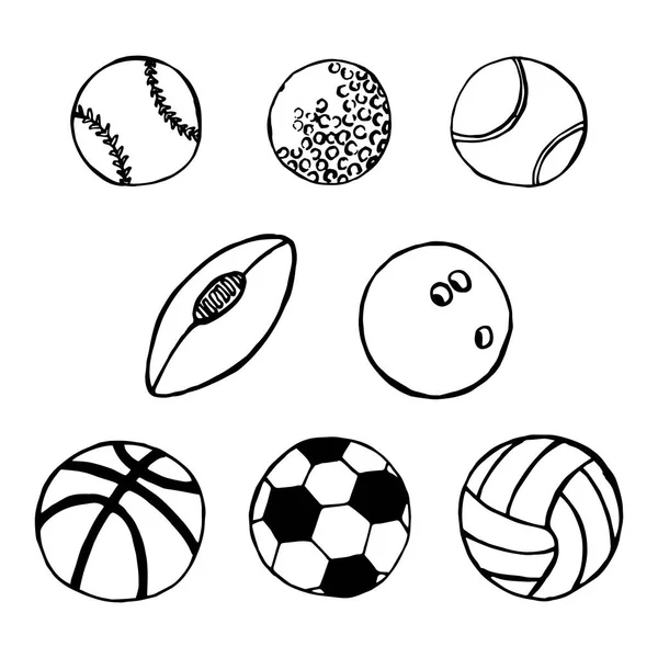 Diferentes Bolas Deportivas Dibujado Mano Negro Contornos Vector Doodle Conjunto — Vector de stock