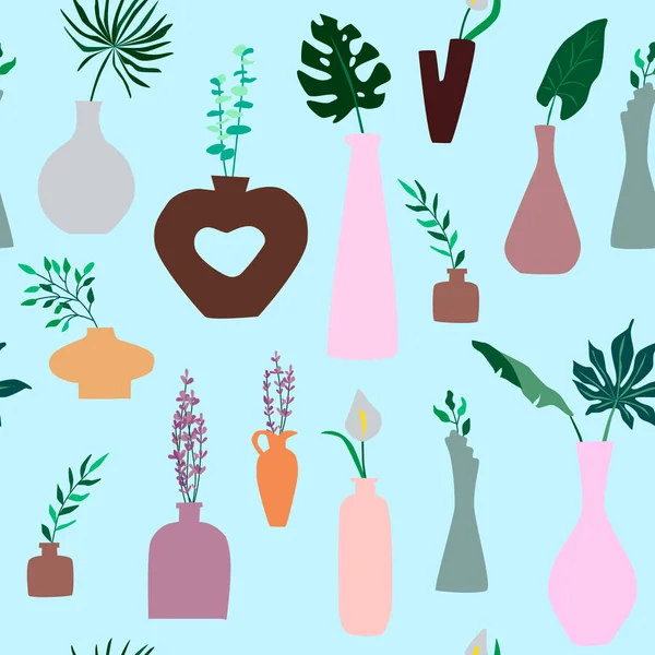 Minimalistiska vaser med växter vektor mönster design — Stock vektor