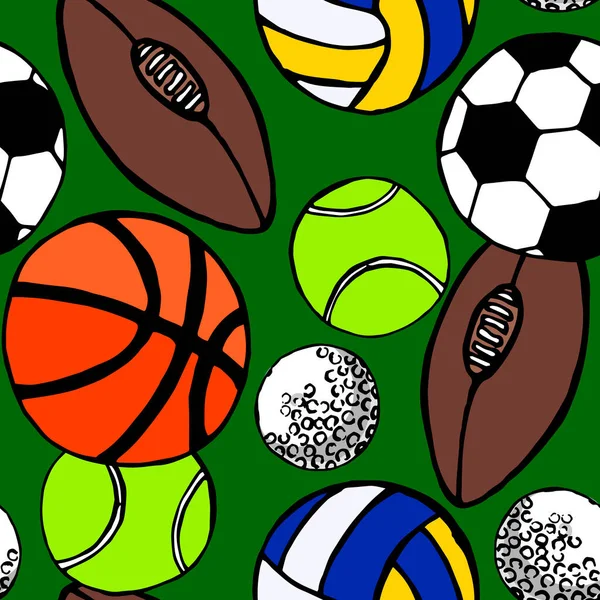 Sport Bollar Handritade Färgglada Klotter Vektor Sömlös Mönster Design Grön — Stock vektor
