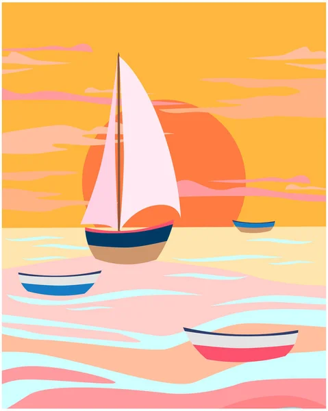 Barcos ao pôr do sol design vetorial minimalista abstrato — Vetor de Stock