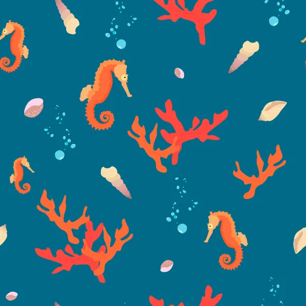 Sea Horses Seashells Corals Vector Seamless Pattern Eps10 —  Vetores de Stock