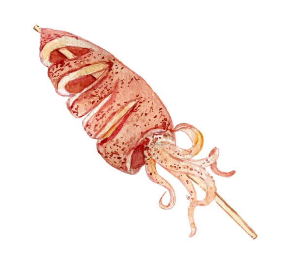Жареный кальмар, нарисованный акварелью — стоковое фото
