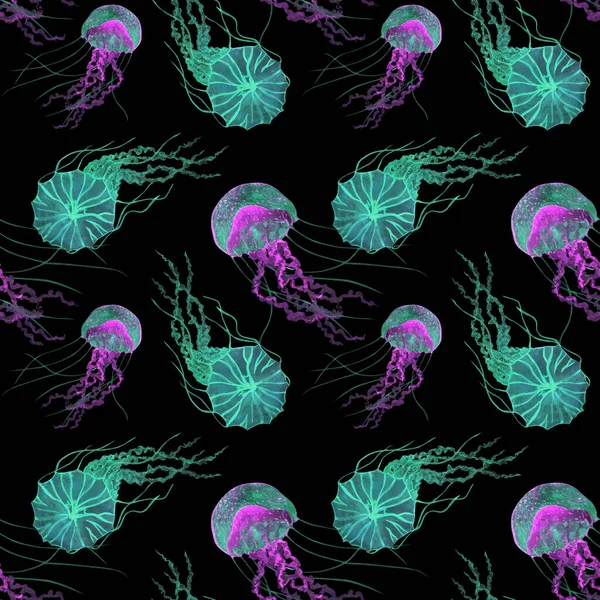 Neon jellyfish hand drawn watercolor seamless pattern