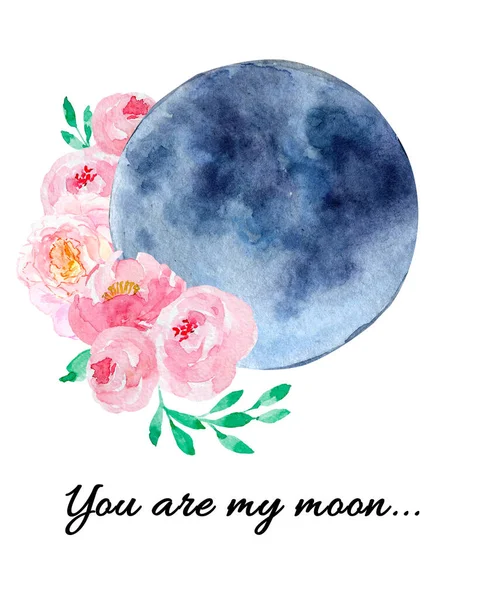 Moon with roses and peonies watercolor design — Stock Photo, Image