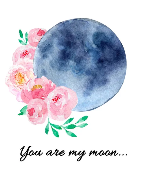 Luna con rosas y peonías diseño acuarela — Foto de Stock