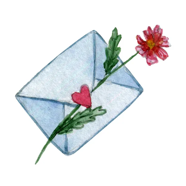 Gesloten envelop met bloem aquarel clip art — Stockfoto