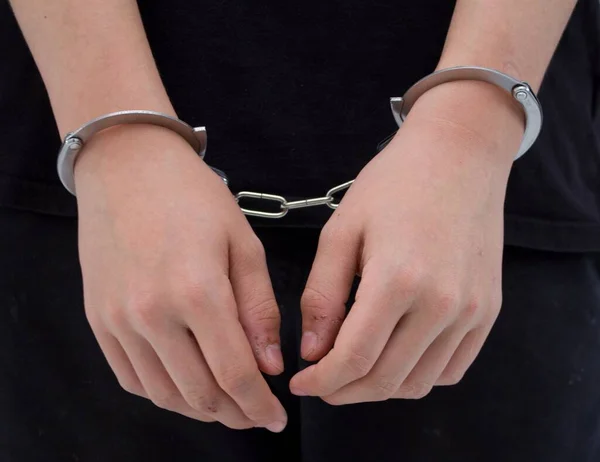 Man Black Clothes Has His Hands Handcuffs Detention Suspect Criminal — Stock Photo, Image