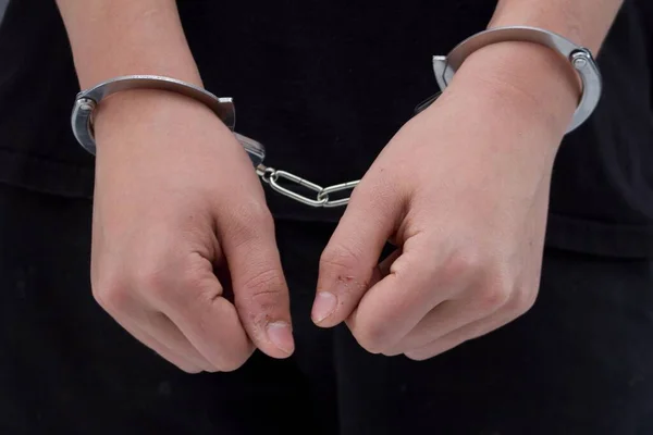 Man Black Clothes Has His Hands Handcuffs Detention Suspect Criminal — Stock Photo, Image