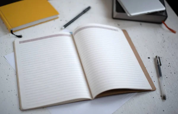 Ein Offenes Notizbuch Mit Leeren Seiten Und Einem Schwarzen Stift — Stockfoto