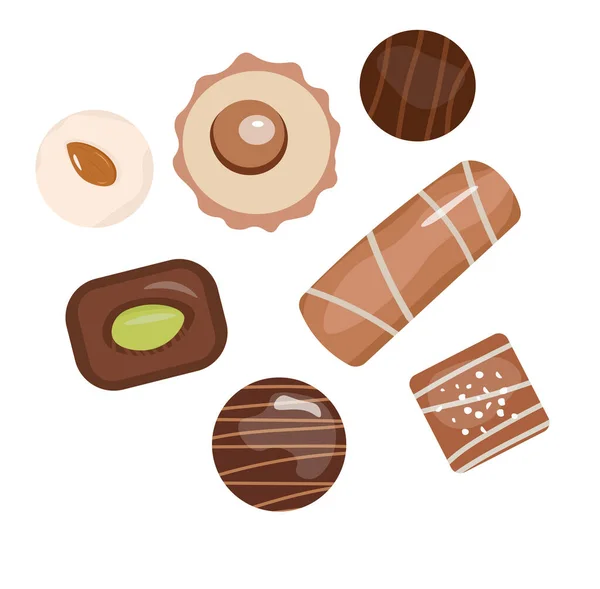 Conjunto Chocolates Con Sin Relleno Dulces Con Almendras Barra Chocolate — Vector de stock