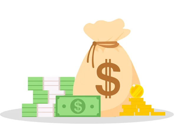 Bir çanta dolusu para ve bir karikatür dairesi tarzında izole edilmiş bir geçmiş üzerine yığılmış kağıt para. Bir yığın dolar ve yuvarlak paralar.