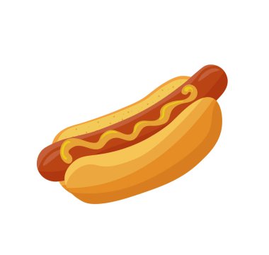 İzole edilmiş bir arka planda çizgi film stili bir sosisli sandviç. Logo şablonu tasarımı, fast food rozeti, sokak yemekleri, sosisli restoranı. Beyaz arkaplanda izole