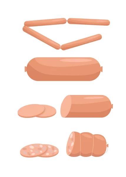 孤立した背景のソーセージ製品 スライスしたソーセージとハム ジューシーな肉ソーセージのベクトルイラスト 漫画風のフラット 肉製品 — ストックベクタ