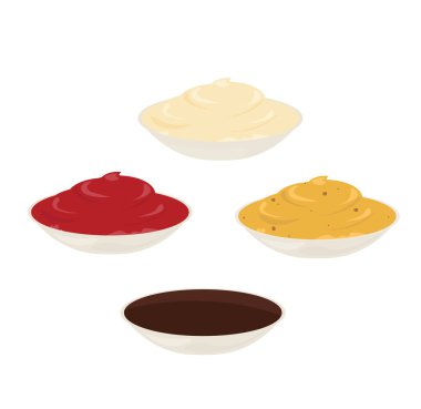 Mayonnaise, mustard, tomato ketchup. Sauces in bottles and bowls on an isolated background Vector illustration in the cartoon style flat