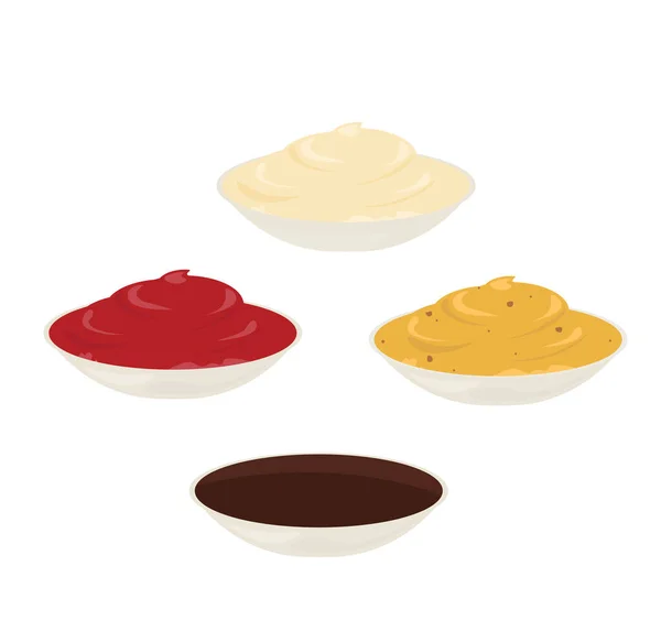 Mayonnaise, Senf, Tomatenketchup. Saucen in Flaschen und Schalen auf isoliertem Hintergrund Vektor-Illustration im Cartoon-Stil flach — Stockvektor