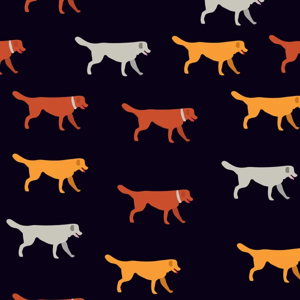 PATTERN SEAMless PATTERN Düz stil siyah arkaplan üzerinde çok renkli köpek siluetleri ile. Vektör illüstrasyon