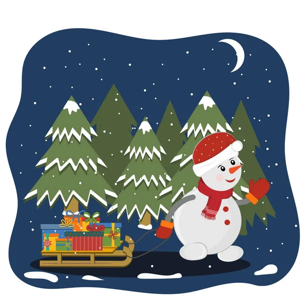 Schneemann Der Nacht Trägt Geschenke Einem Wald Von Weihnachtsbäumen Vorbei — Stockvektor