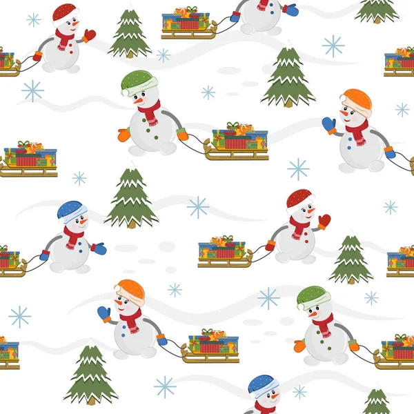 사람들은 선물을 썰매를 크리스마스 트리의 지나서 흰색으로 삽화를 프린트 텍스처 — 스톡 벡터