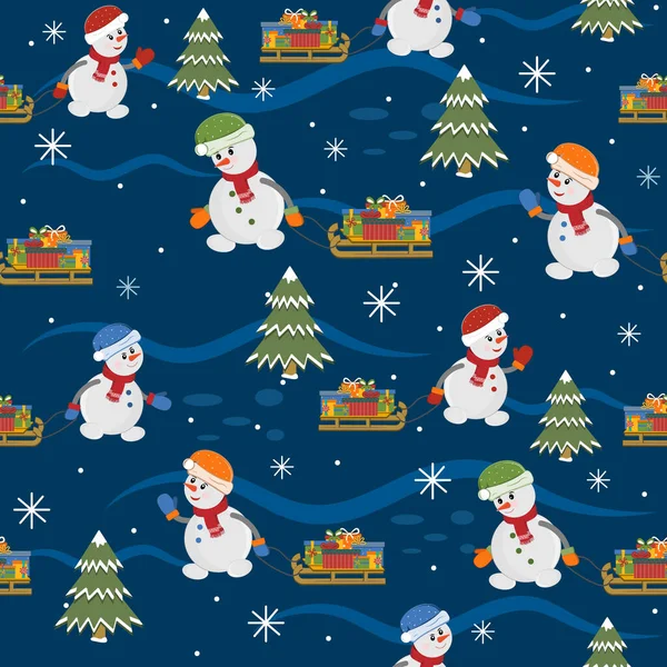パターン雪だるまは フラットスタイル はがき クリップアート デザイン スクラップブッキング アプリケーションで青の背景にクリスマスツリーの森の過去の贈り物とそりを駆動します — ストックベクタ