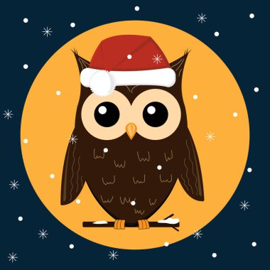 Kış ormanlarında, Ay 'ın arka planında bir dalda Noel Baba şapkası takan baykuş, düz bir şekilde renk vektör çizimi. Tırmanma, tasarım, dekorasyon, simge, avatar, işaret