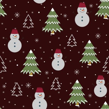 Ozan arka planında kardan adam ve Noel ağacı deseni düz stil, baskı, doku, tekstil, tasarım, dekorasyon, arkaplan, duvar kağıdı