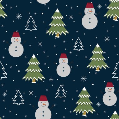 Mavi zemin üzerinde kardan adam ve Noel ağacı deseni, düz stil, baskı, doku, tekstil, tasarım, dekorasyon, arkaplan, duvar kağıdı gibi renk vektör çizimi