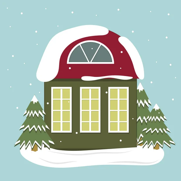 Isolada Casa Inverno Fundo Das Árvores Natal Cor Vetor Ilustração — Vetor de Stock
