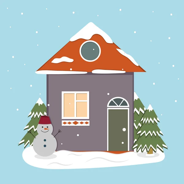 Isoliertes Winterhaus Auf Dem Hintergrund Von Weihnachtsbäumen Und Schneemann Farbvektorillustration — Stockvektor