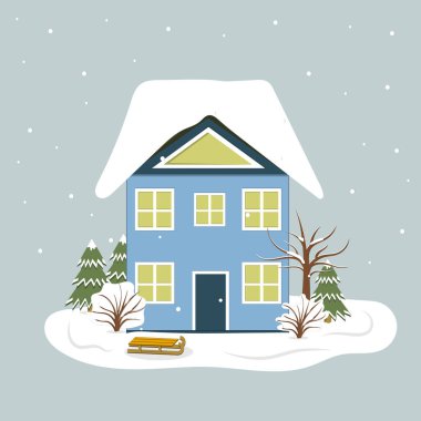 Kış manzaralı mavi bir ev, ağaçların ve çalıların arka planında, düz, kırpma, tasarım, dekorasyon, pankart tarzında bir kızağın yanında.