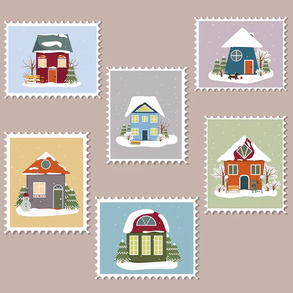 Serie Von Briefmarken Aufkleber Mit Landschaften Und Winterhäusern Farbvektorabbildung Flachen — Stockvektor