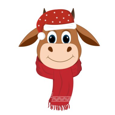 Noel Baba şapkalı boğa ve kırmızı eşarp, renkli vektör çizimi, beyaz arkaplanda izole edilmiş, kırpma, tasarım, dekorasyon, pankart, logo, tebrik kartı