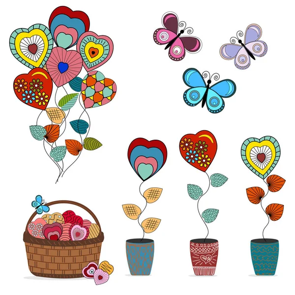 Set Abstract Hearts Form Bouquet Flower Pots Valentine Day Isolated — Stock Vector