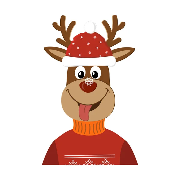 Frohe Weihnachten Hirsch Mit Nikolausmütze Und Einem Warmen Strickpullover Mit — Stockvektor