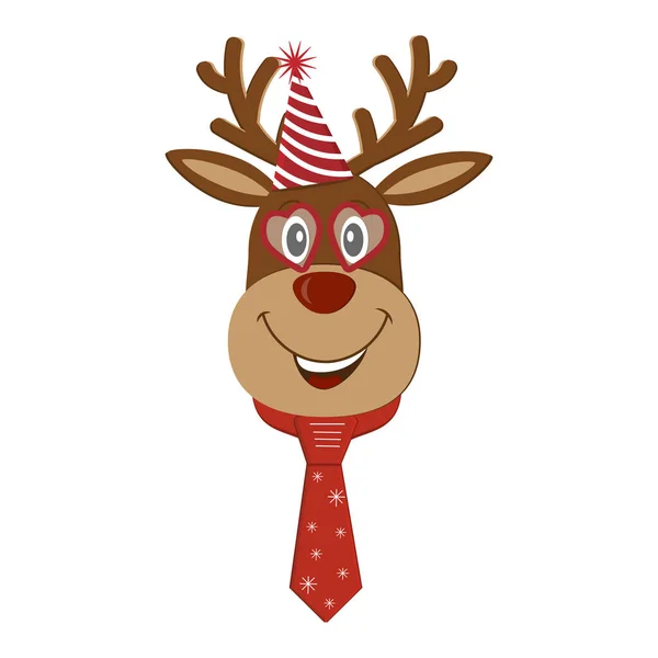Ciervo Navidad Sombrero Festivo Gafas Forma Corazón Corbata Roja Ilustración — Vector de stock