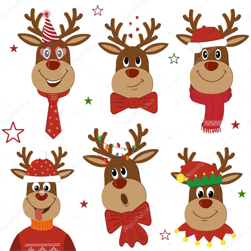 Set of merry Christmas reindeer in carnival costumes, color vector illustration of isolated reindeer on a white background, clipart, design, decoration, poster, banner, applique