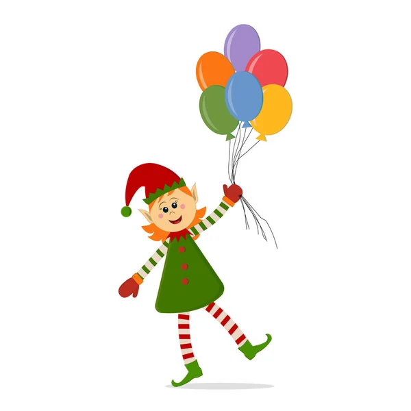 Frohe Weihnachten Elfenmädchen Mit Luftballons Mütze Und Kleid Farbvektorillustration Isoliert — Stockvektor