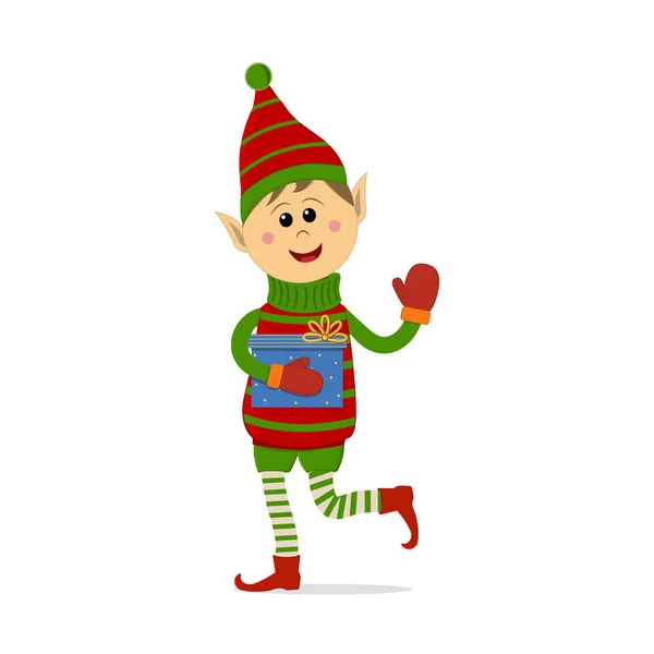 Wesołych Świąt Elf Chłopiec Prezentem Kapeluszu Ciepły Sweter Paski Kolorowy — Wektor stockowy