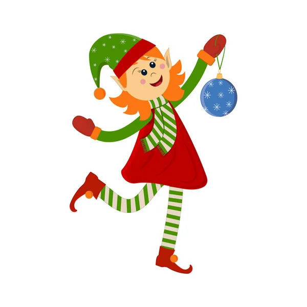 白い背景に帽子とドレス カラーベクトルイラスト 隔離されたクリスマスツリーのおもちゃを持つメリークリスマスエルフの女の子 クリップ デザイン 休日のポスター ステッカー プリント — ストックベクタ