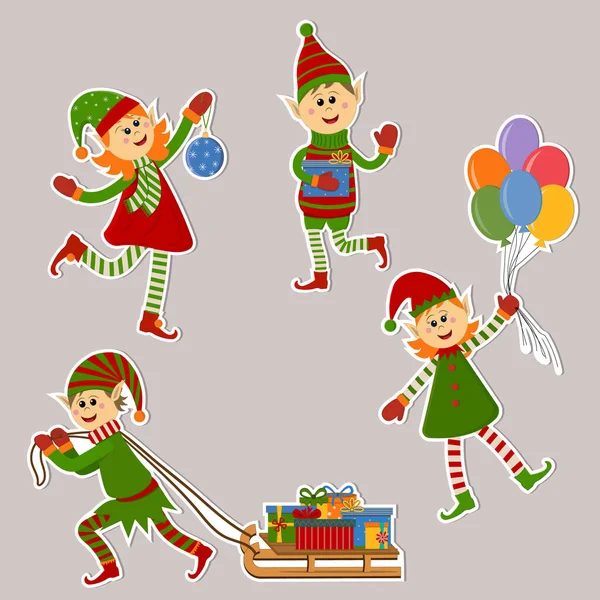 Conjunto Pegatinas Elfo Navidad Aisladas Para Niñas Niños Con Regalos — Vector de stock