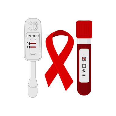 HIV ve AIDS testleri, kan testi ve kırmızı kurdele, beyaz arka plan, afiş, poster, eğitim materyali, ders kitabı, Clipart, bilgi