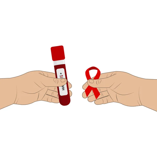 Sangue Una Provetta Hiv Aids Con Nastro Rosso Nelle Mani — Vettoriale Stock