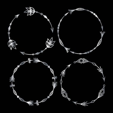 Dört yuvarlak izole kabile çerçeve seti, gümüş bir hatla yapılmış, tek bir hatla birleştirilmiş, vektör illüstrasyonu. Tebrik kartlarının tasarımı ve dekorasyonu, klibi, kupür defteri.