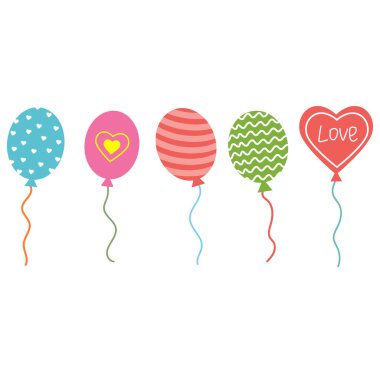 Beyaz arkaplan, dekor, tasarım, pankart tasarımı, tebrik kartları üzerinde desenli renkli balonlar, renk vektörü izole resimleme