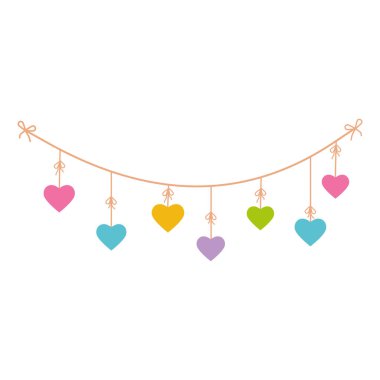 Renkli kalplere sahip halatlarda renkli çelenkler, beyaz arkaplan, dekor, tasarım, pankart tasarımı, tebrik kartları üzerinde izole edilmiş renk vektörü.