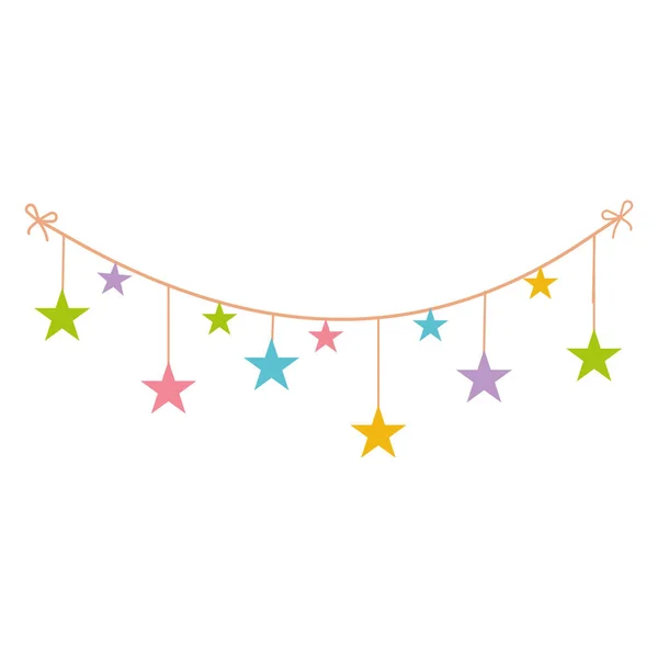 Renkli yıldızlı iplerde renkli tatil çelenkleri, beyaz arka planda izole edilmiş renk vektörü çizimi, dekor, tasarım, pankart tasarımı, tebrik kartları